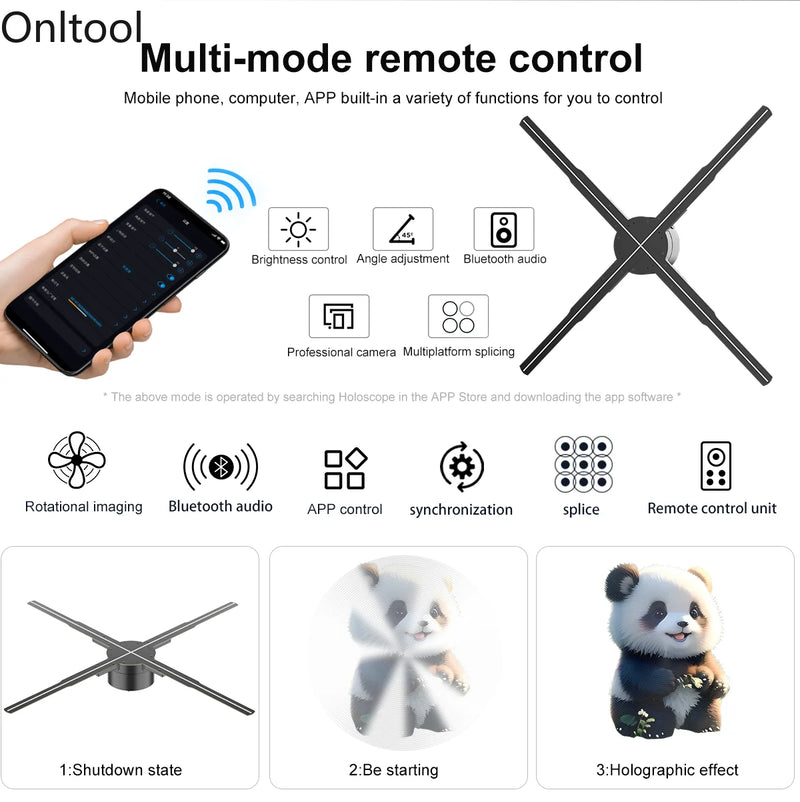 3D ventilador holograma projetor, display wi-fi, publicidade logotipo luz, LED sinal lâmpada holográfica, projetores tridimensionais, 42-100cm