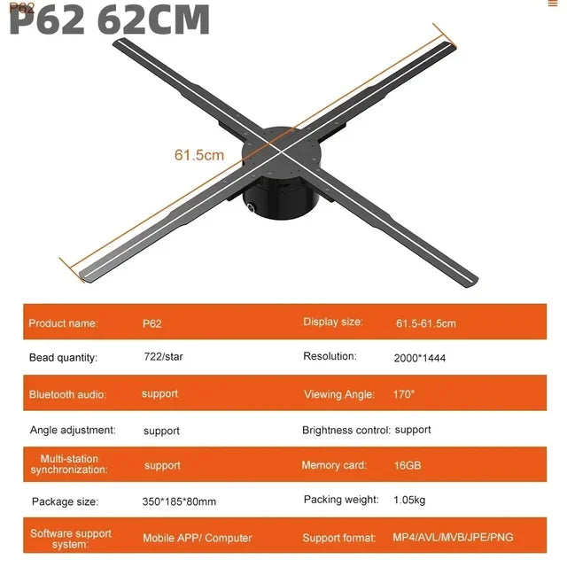 3D ventilador holograma projetor, display wi-fi, publicidade logotipo luz, LED sinal lâmpada holográfica, projetores tridimensionais, 42-100cm