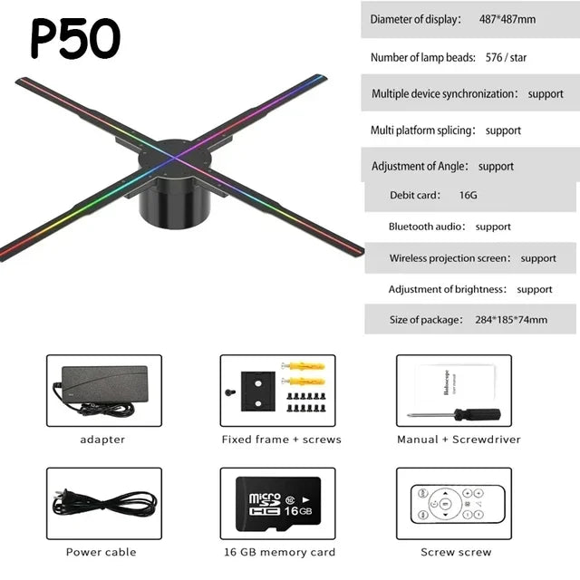 3D ventilador holograma projetor, display wi-fi, publicidade logotipo luz, LED sinal lâmpada holográfica, projetores tridimensionais, 42-100cm